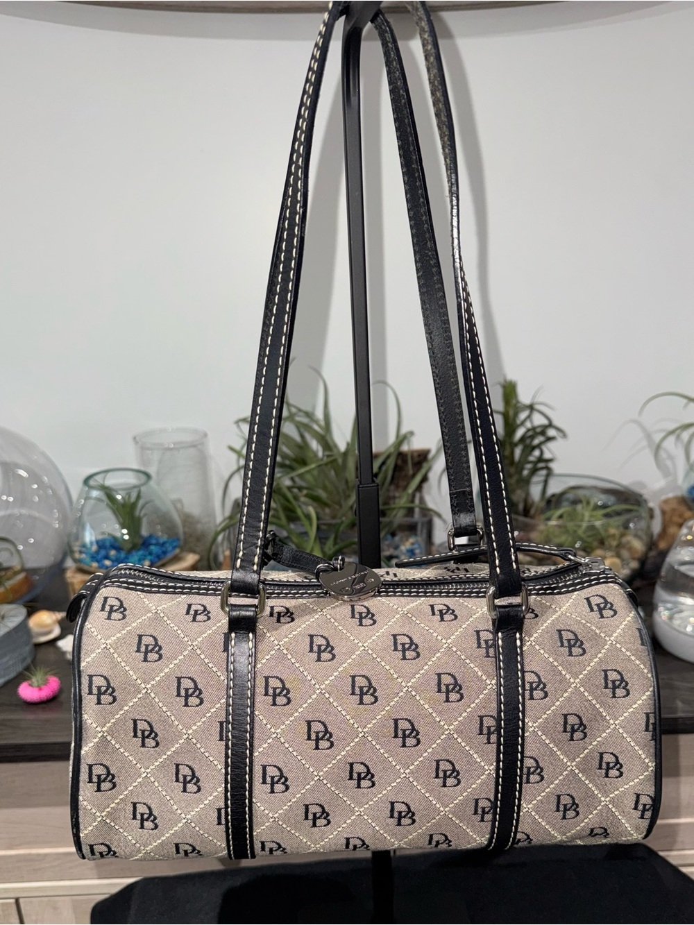 Dooney & Bourke Monogram Barrel Shoulder Bag Y2K Canvas Purse